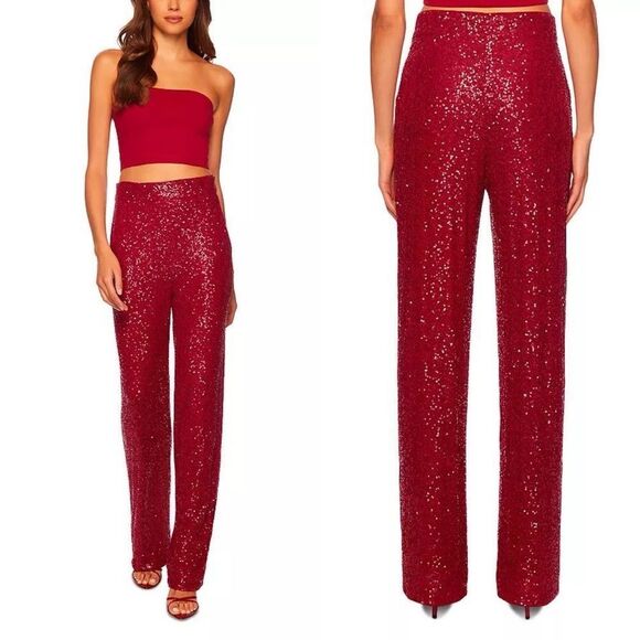 NEW Susana Monaco Red Berries Sequin Wide Leg Pants Size Large NWT w/pockets - Picture 1 of 16